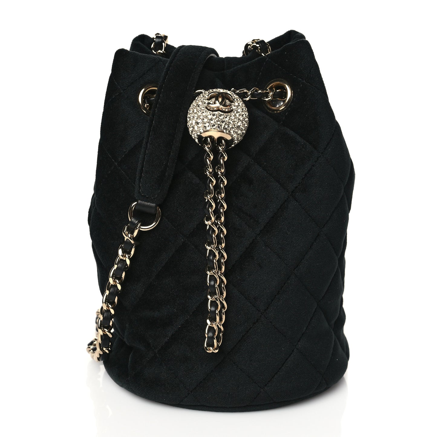 Velvet Quilted Pearl Crush Drawstring Bag Black