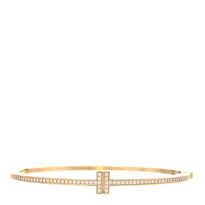 Tiffany 18K Yellow Gold Diamond T Hinged Wire Bangle Bracelet 1 of 7