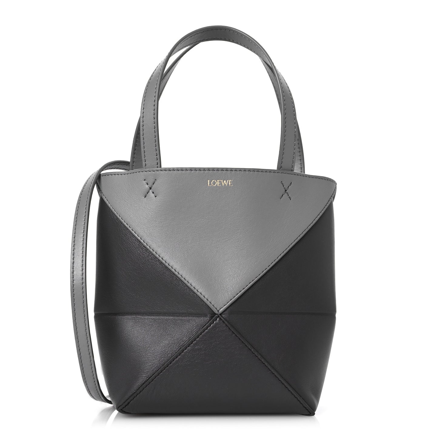 Shiny Calfskin Mini Puzzle Fold Tote Pearl Grey Dark Grey