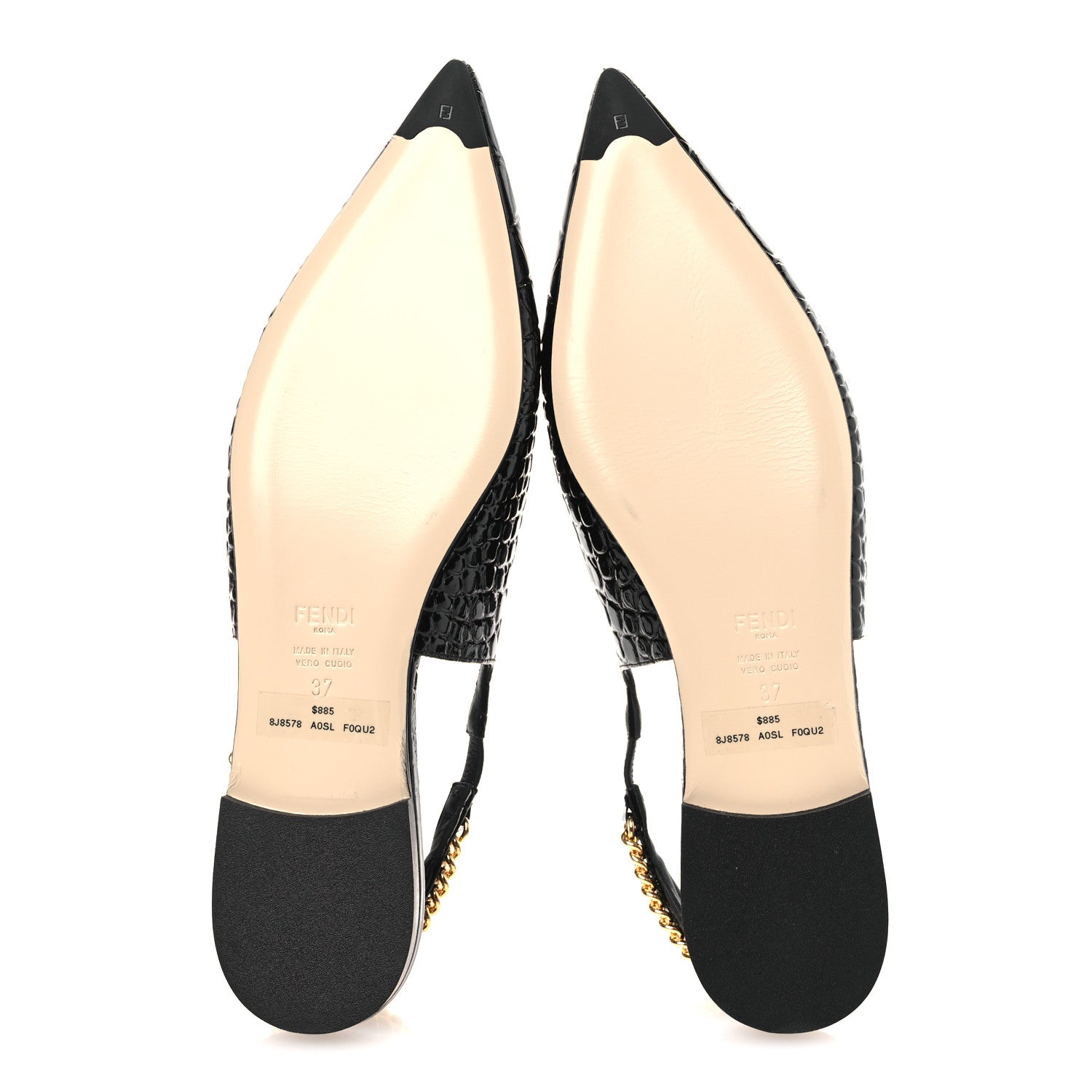 Fendi Vitello Stampa Crocodile Embossed Slingback Flats 37 Black 7 of 11