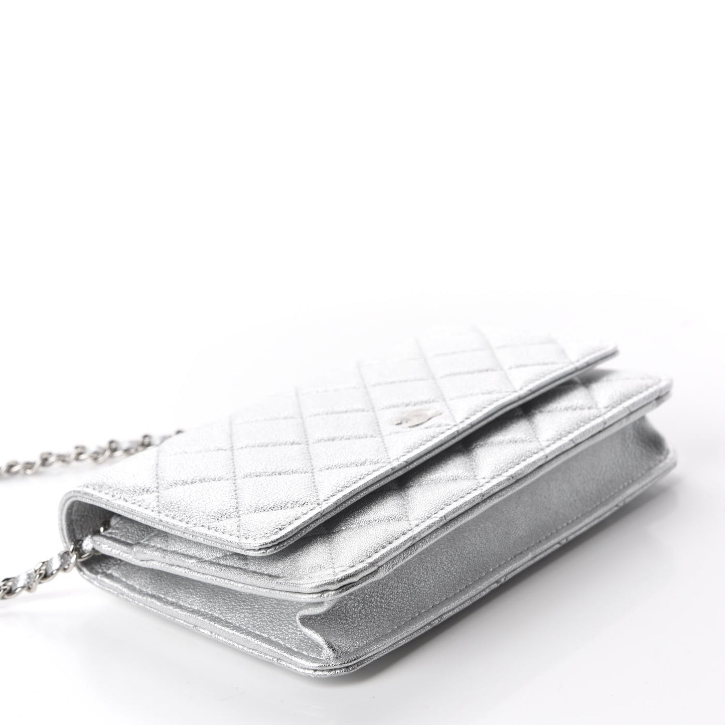 Metallic Lambskin Quilted Wallet On Chain WOC Silver