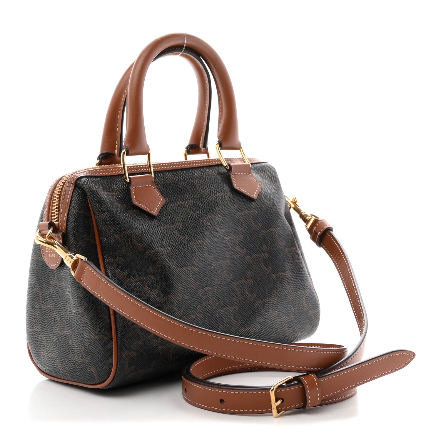 Celine Triomphe Canvas Calfskin Small Boston Bag Tan 3 of 9