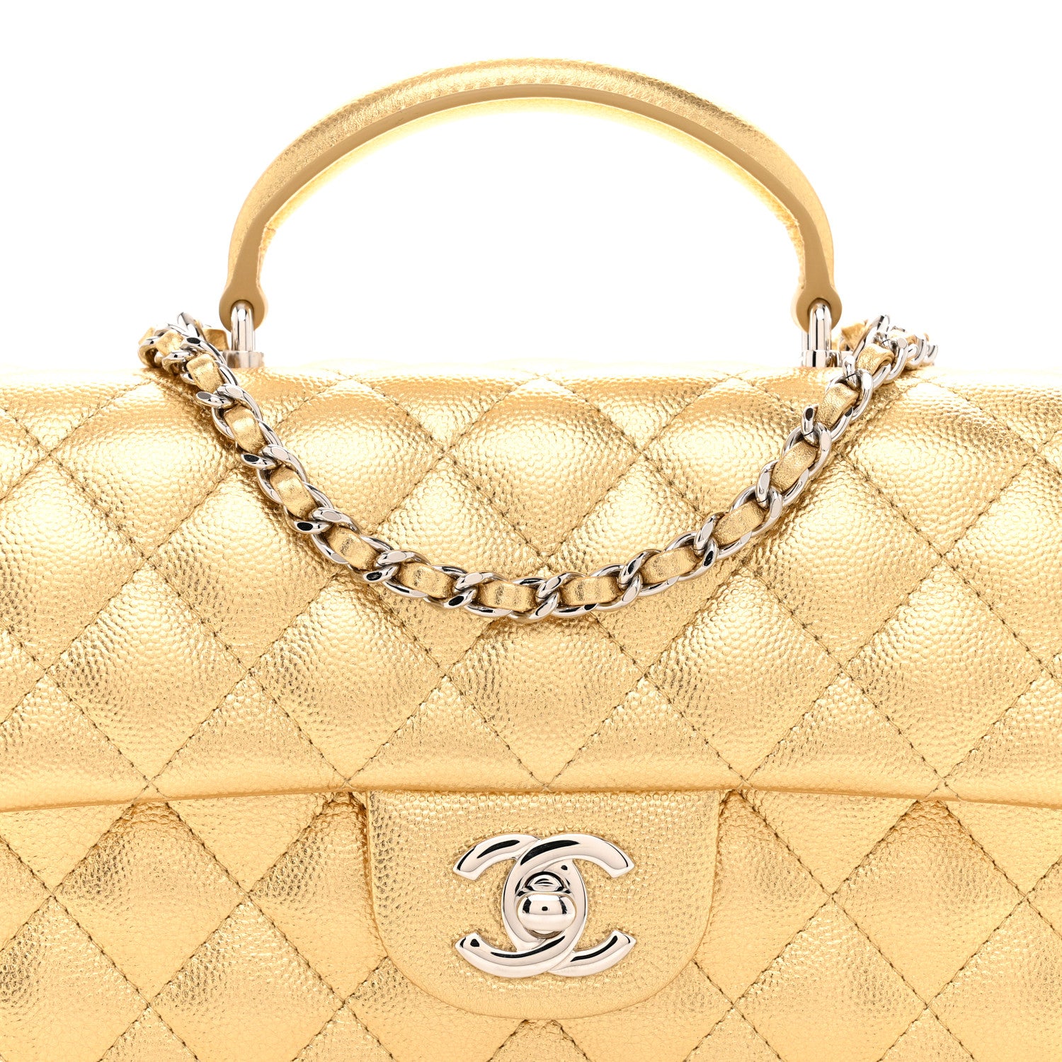 Chanel Metallic Caviar Quilted Top Handle East West Flap Gold
