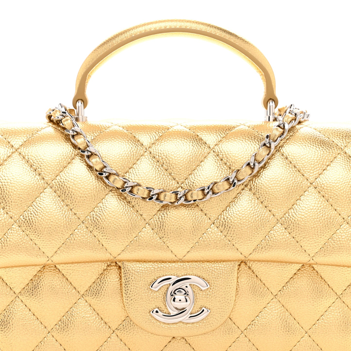 Metallic Caviar Quilted Top Handle East West Flap Gold