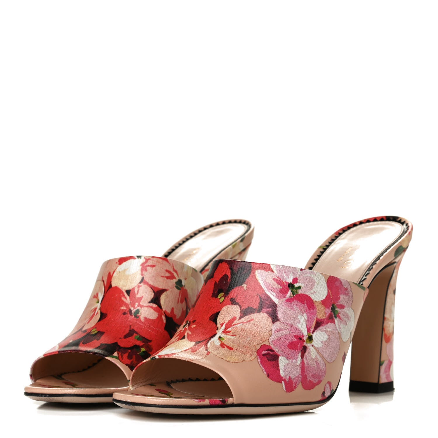 Gucci Calfskin Blooms Print High Heel Slide Sandals 37.5 Pink Apricot Multicolor 3 of 9