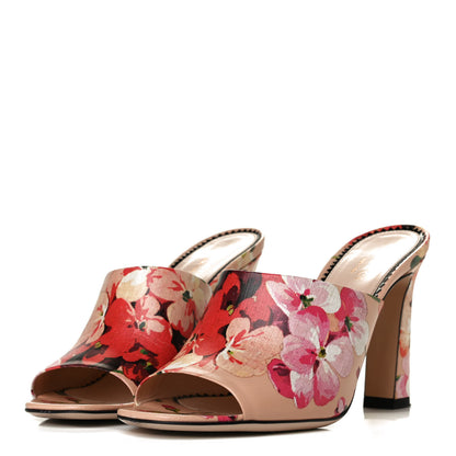 Gucci Calfskin Blooms Print High Heel Slide Sandals 37.5 Pink Apricot Multicolor 3 of 9