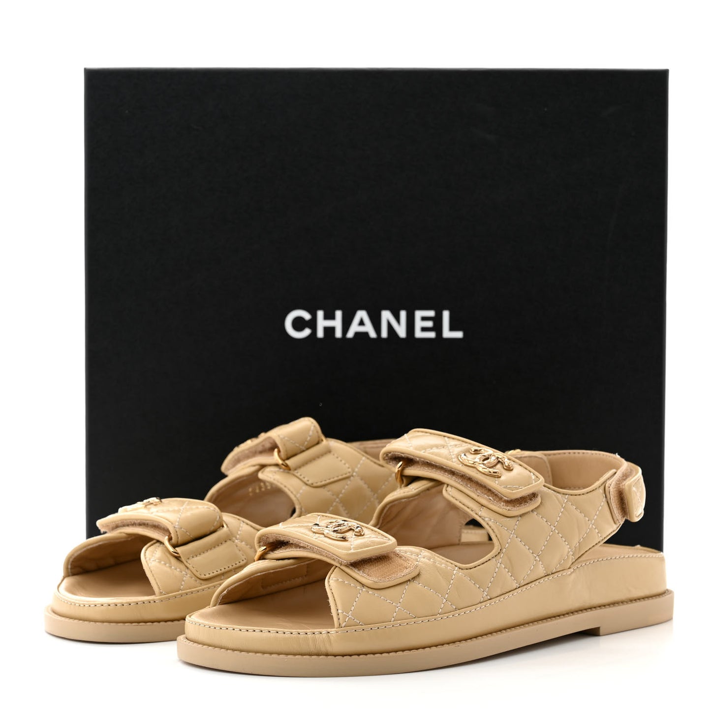 Lambskin Quilted Velcro Dad Chain CC Slide Sandals 40 Beige