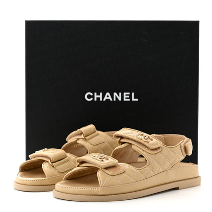 Chanel Lambskin Quilted Velcro Dad Chain CC Slide Sandals 40 Beige 9 of 9