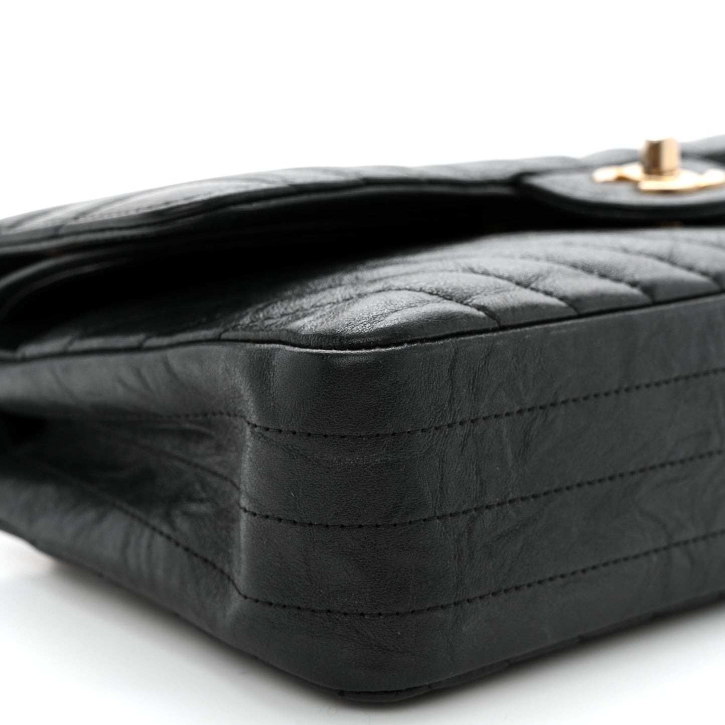 Iridescent Calfskin Chevron Quilted Medium Double Flap Black