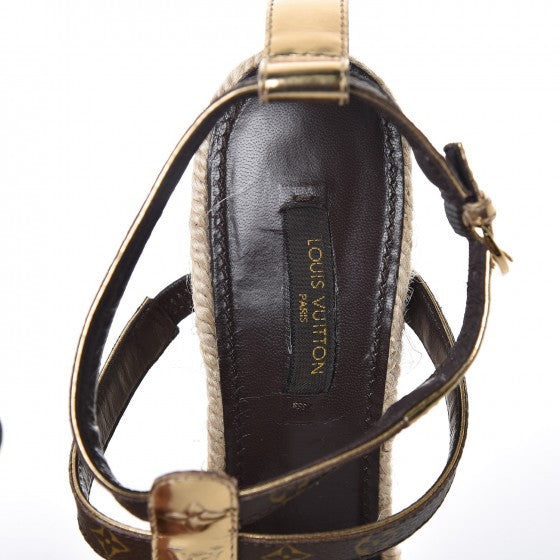 Louis Vuitton Monogram Metallic Bahamas T-Strap Espadrille Wedge Sandals 39 Brown 7 of 8