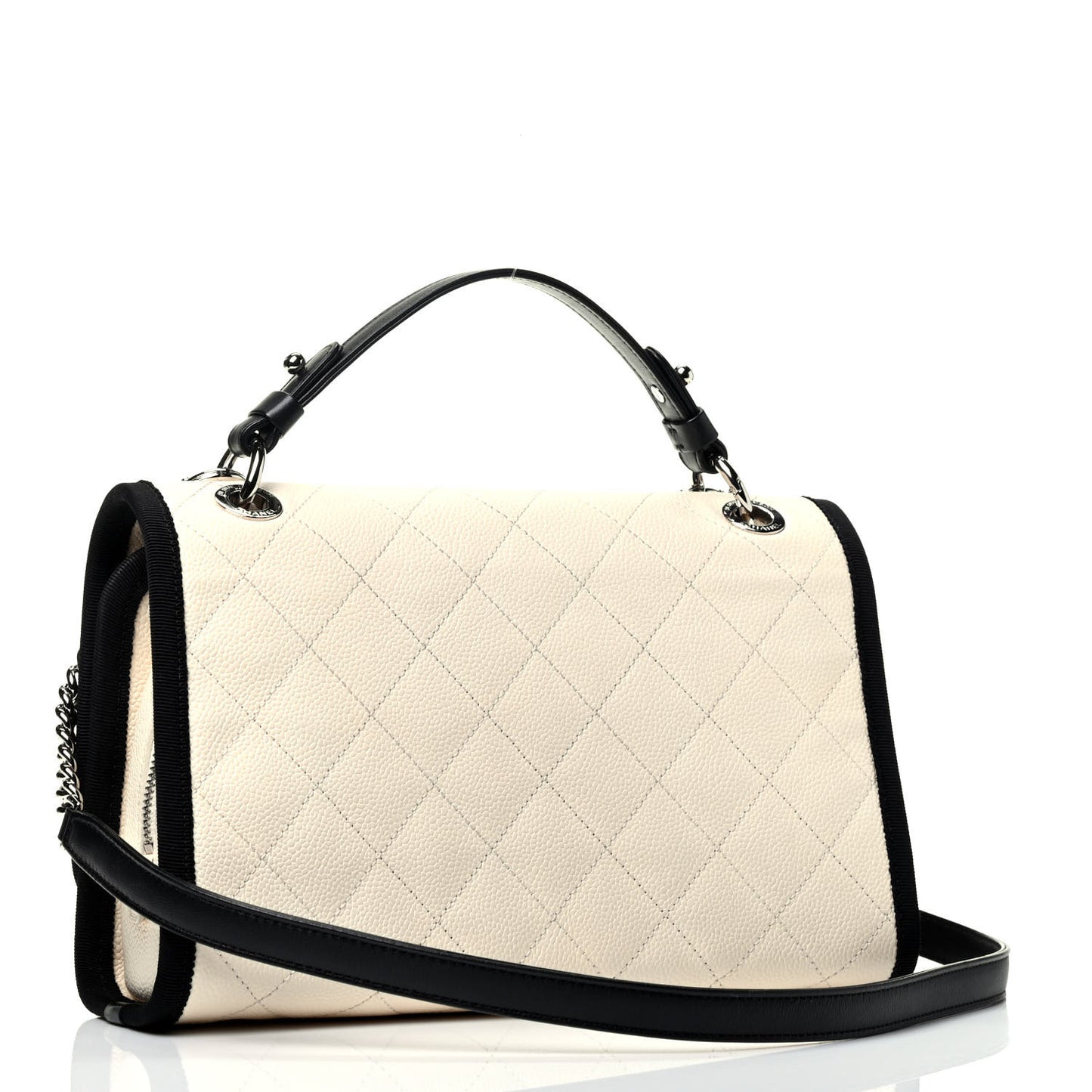 Caviar Grosgrain Quilted Top Handle CC Flap Beige Black