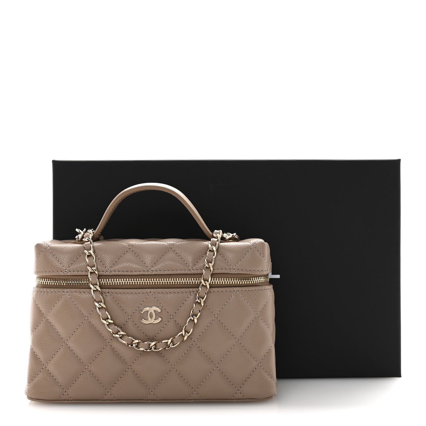 Caviar Quilted Top Handle Slim Vanity With Chain Dark Beige
