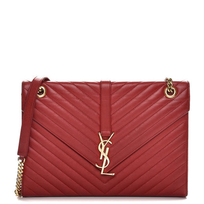 Saint Laurent Lambskin Matelasse Chevron Large Monogram Satchel Red 1 of 18