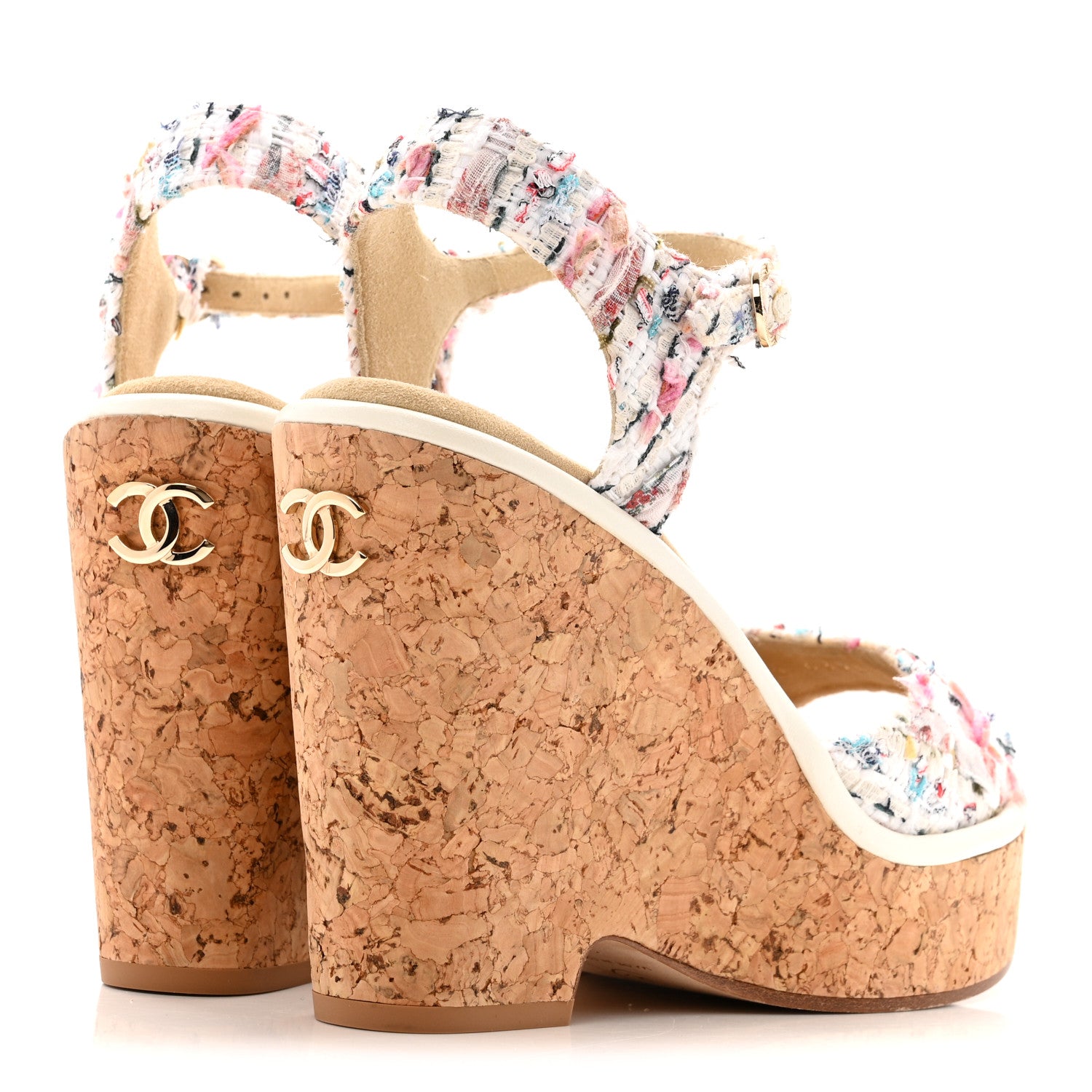 Chanel Tweed Cork CC Wedge Sandals 37 Ecru Pink Blue Green 5 of 14