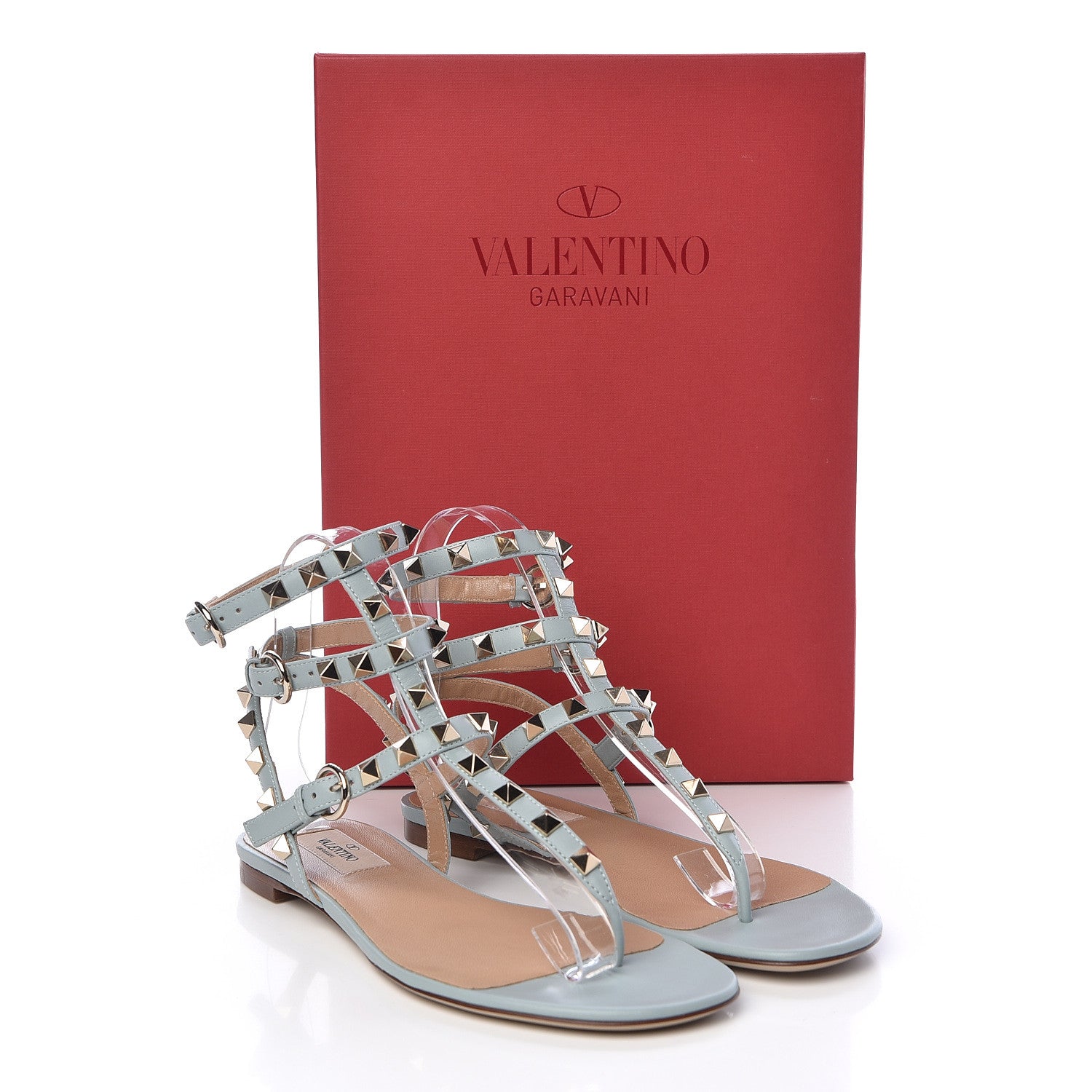 Valentino Garavani Calfskin Rockstud Ankle Wrap Flat Thong Sandals 36.5 Celadon 8 of 8
