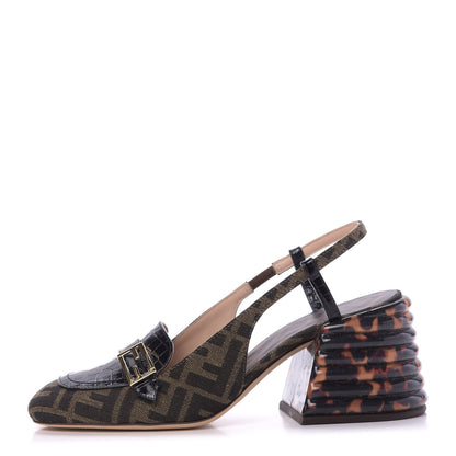 Fendi Jacquard Calfskin FF Tortoise Promenade Slingback Loafer Pumps 37.5 Tobacco 1 of 9