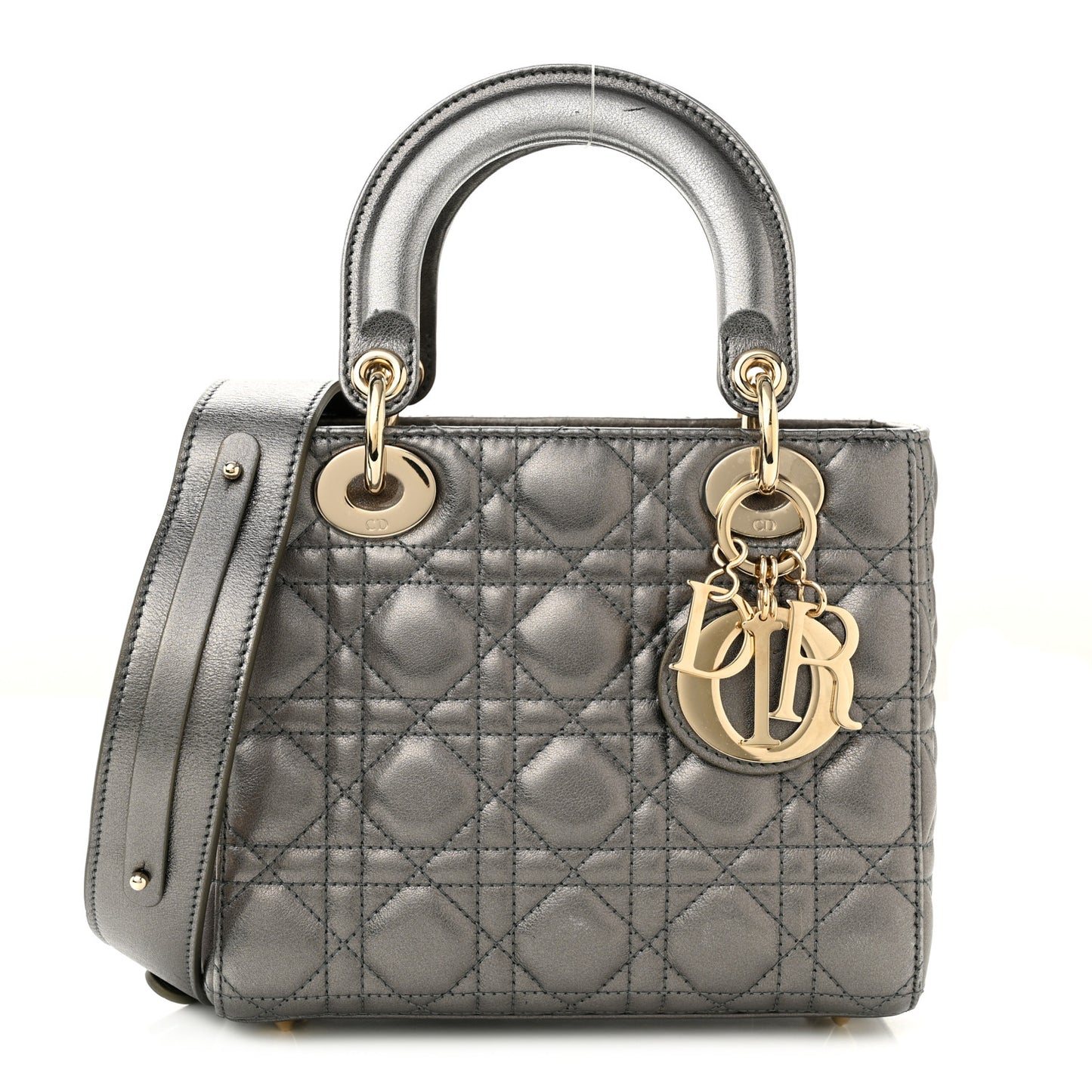 Metallic Grained Calfskin Cannage Small Lady Dior Gunmetal