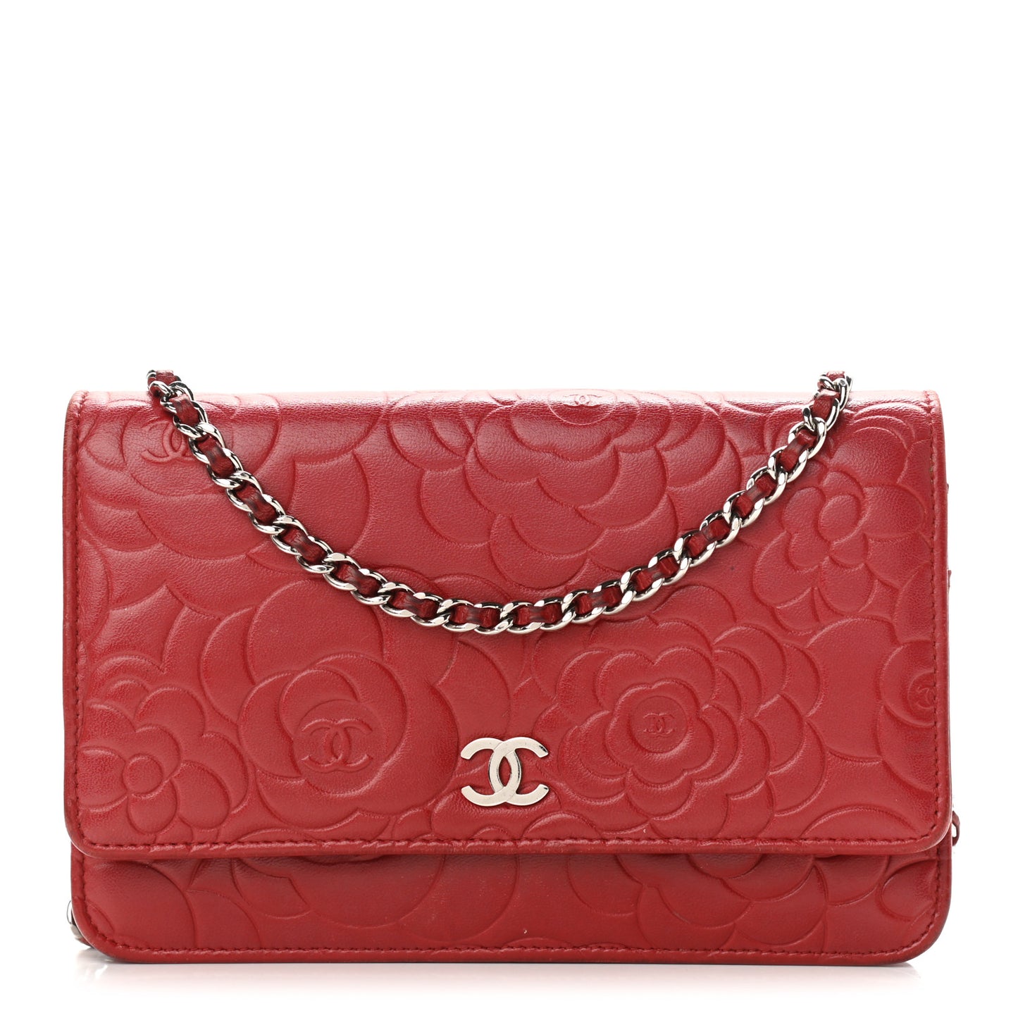 Lambskin Camellia Embossed Wallet On Chain WOC Red