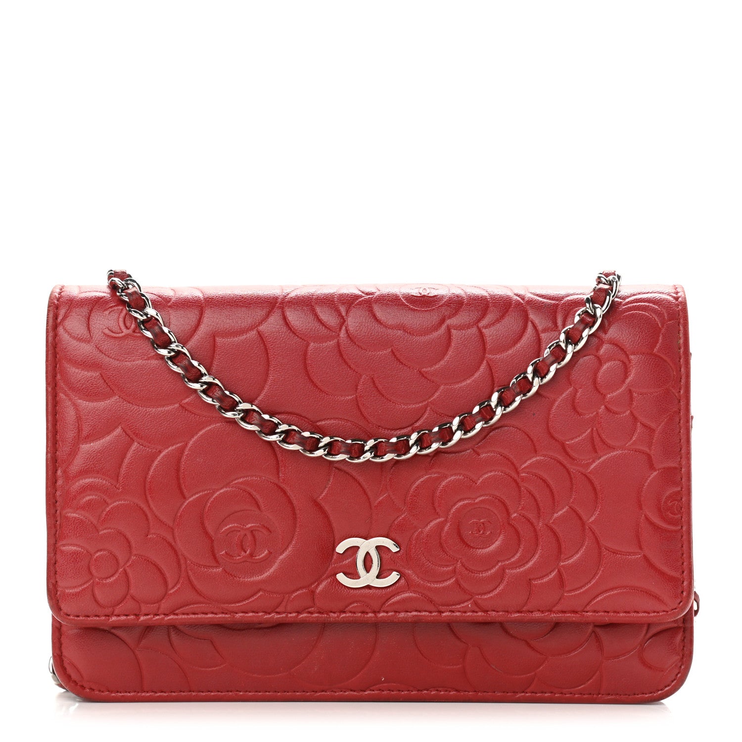 Chanel Lambskin Camellia Embossed Wallet On Chain WOC Red 1 of 13