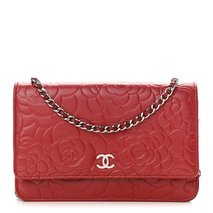 Chanel Lambskin Camellia Embossed Wallet On Chain WOC Red 1 of 13