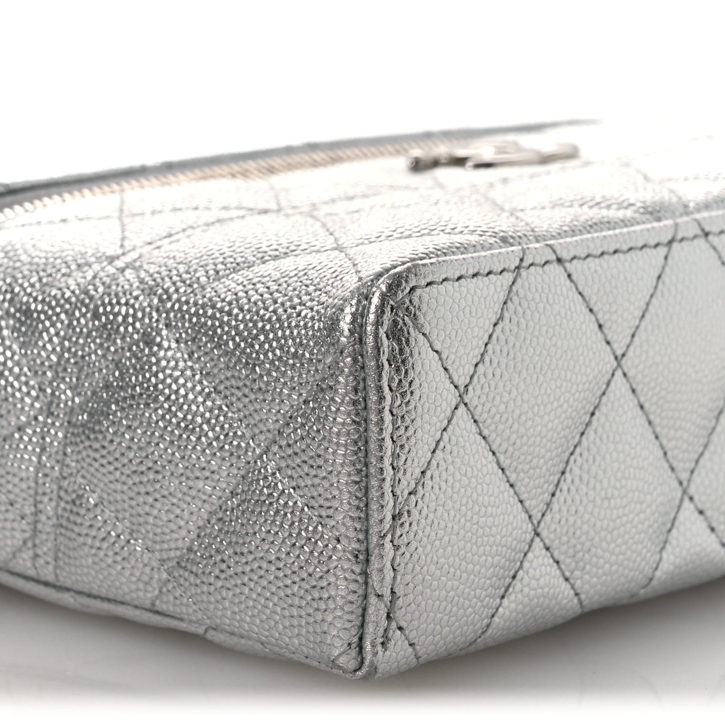 Metallic Caviar Quilted Trendy Handle Slim Vanity Silver