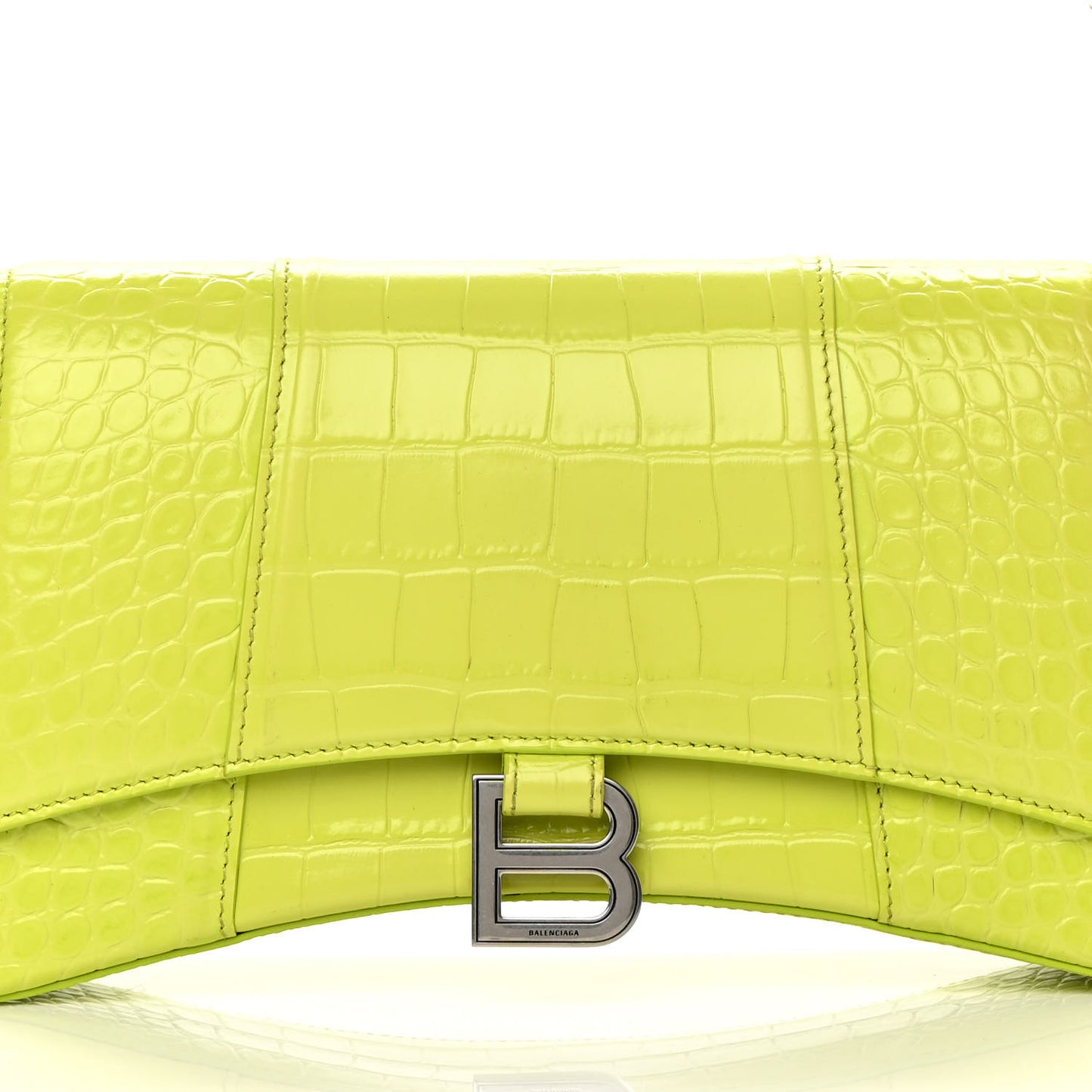 Shiny Calfskin Crocodile Embossed Small Hourglass Sling Shoulder Bag Lime