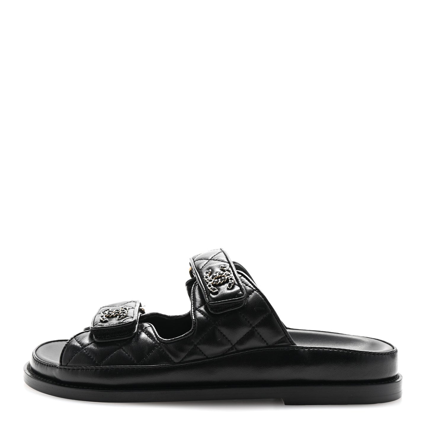Lambskin Quilted Velcro Dad Chain CC Slide Sandals 36.5 Black