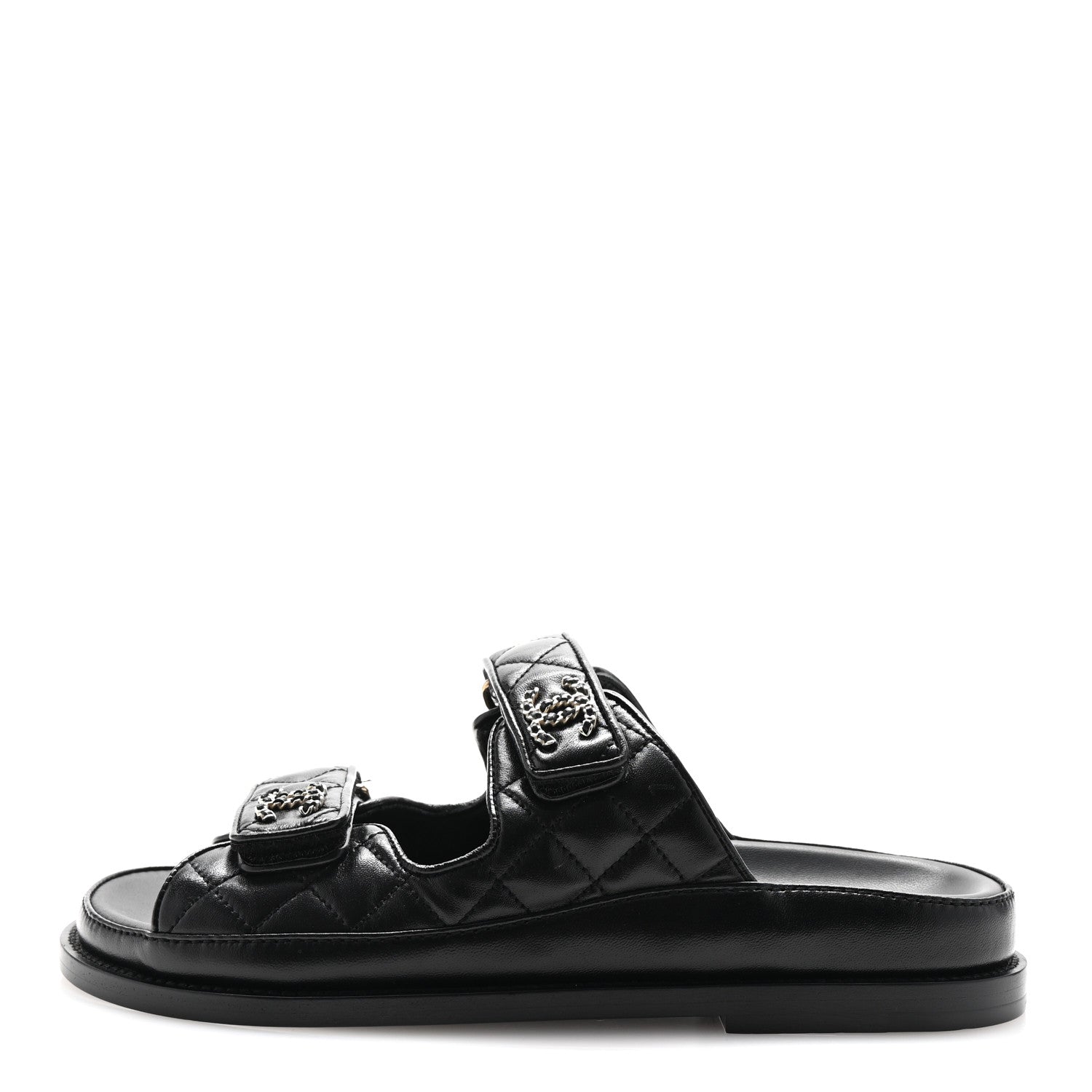 Chanel Lambskin Quilted Velcro Dad Chain CC Slide Sandals 36.5 Black 1 of 10