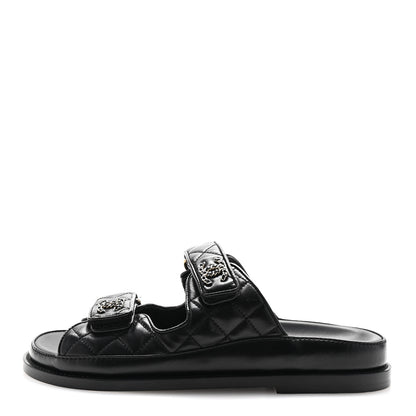 Chanel Lambskin Quilted Velcro Dad Chain CC Slide Sandals 36.5 Black 1 of 10