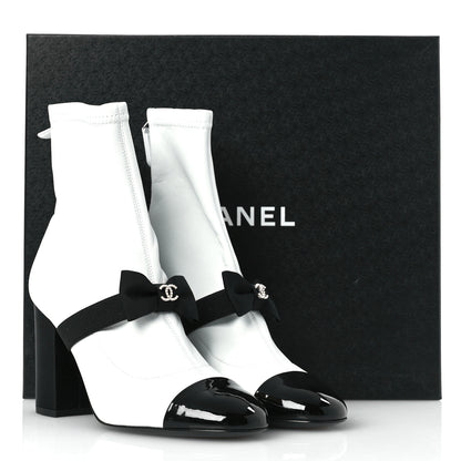 Chanel Stretch Lambskin Patent Calfskin Pearl CC Bow Cap Toe Short Boots 37 White Black 11 of 11