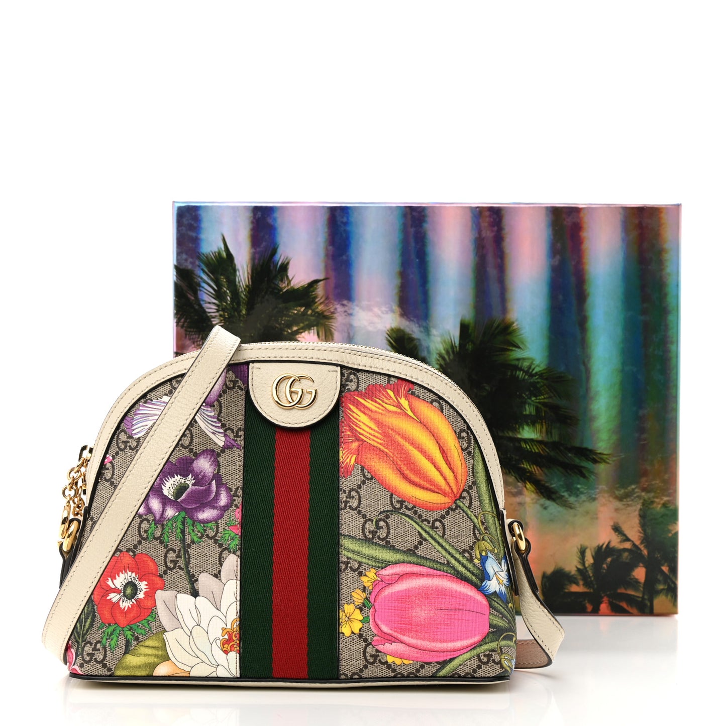 GG Supreme Monogram Flora Web GG Small Ophidia Dome Shoulder Bag White