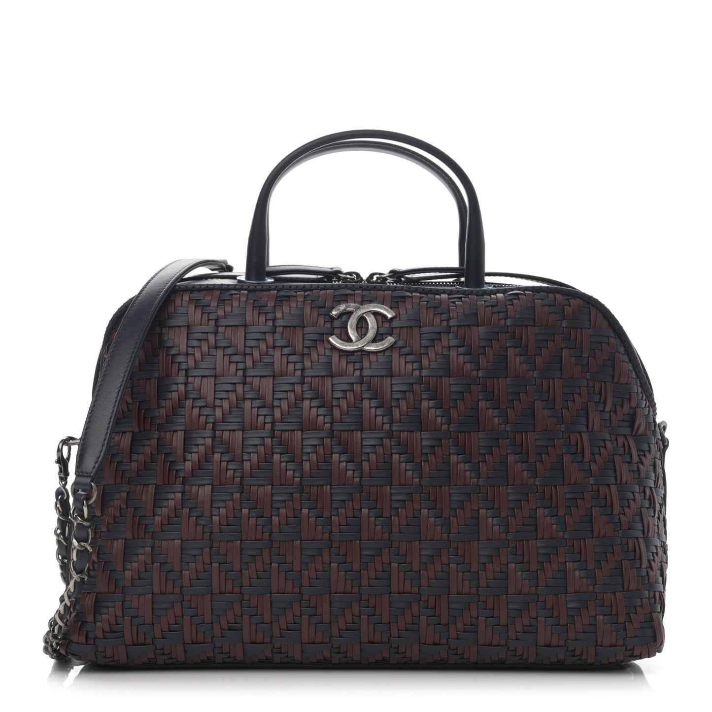 Calfskin Woven Bowling Bag Navy Blue