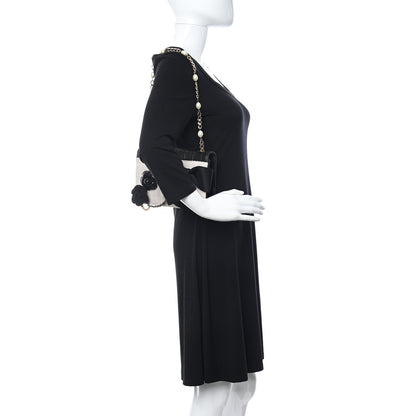Chanel Tweed Jersey Lambskin Camellia Flap Chocolate Bar Pearl Chain Flap Black Beige 2 of 12