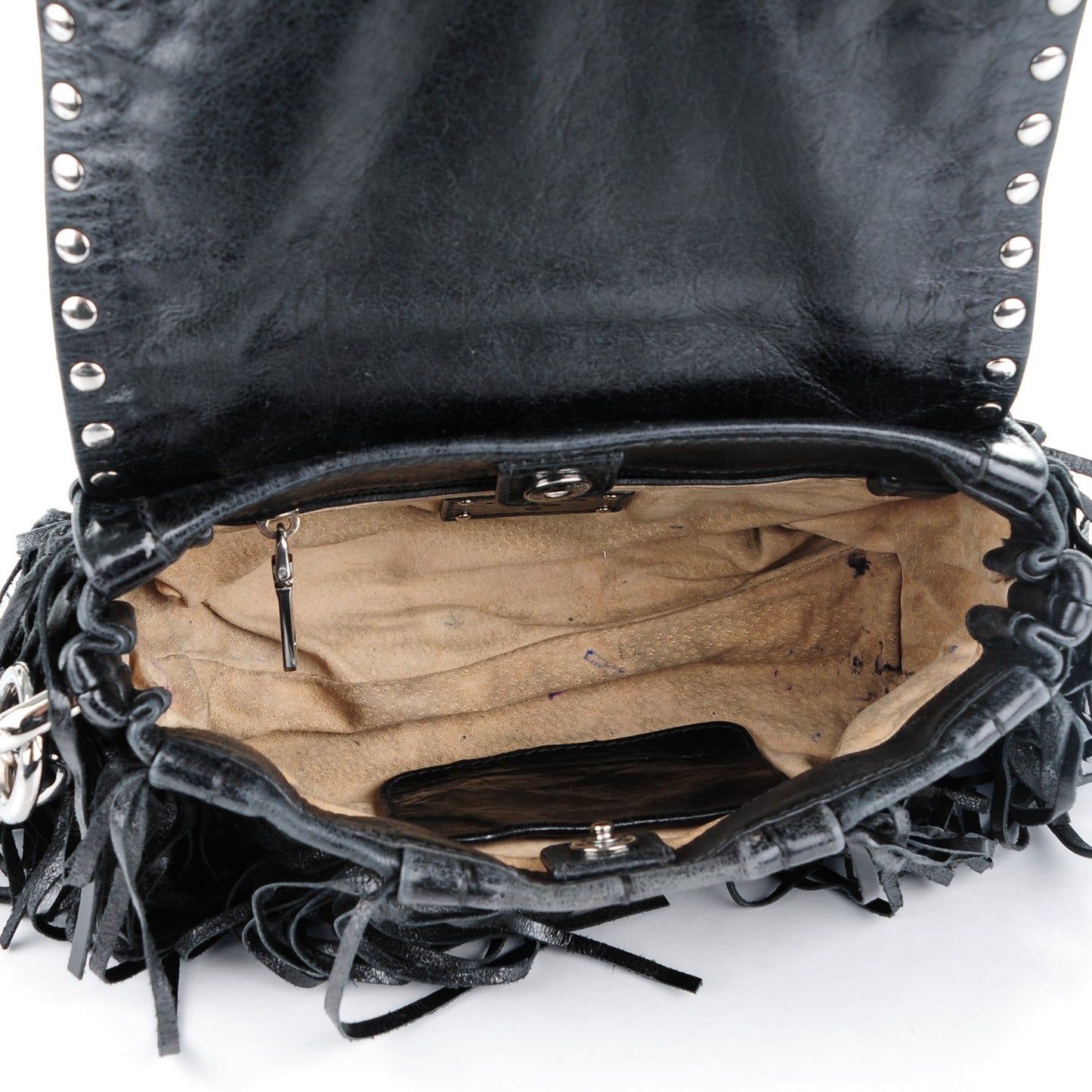 Glace Calf Fringe Studded Flap Hobo Nero Black