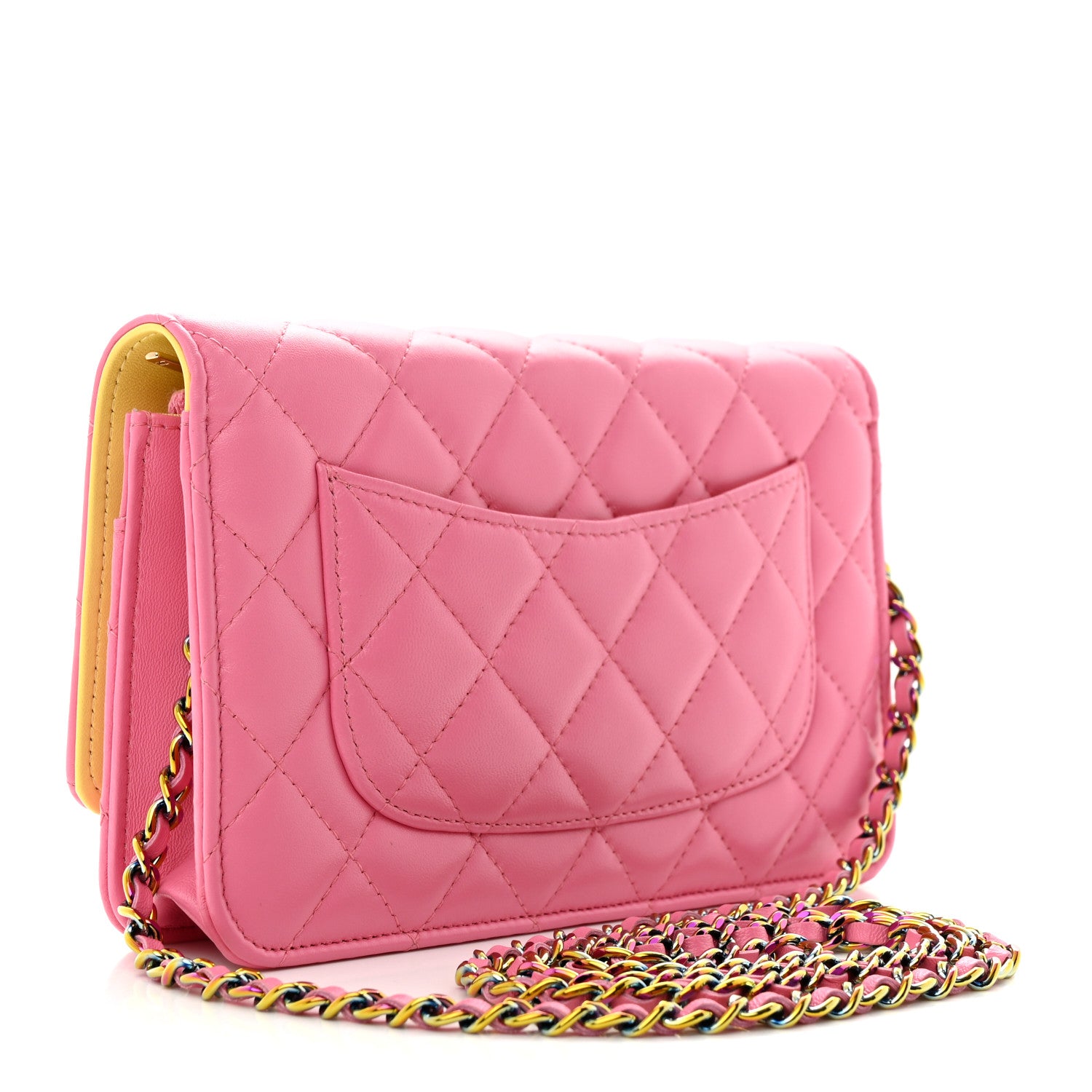 Chanel Lambskin Quilted Wallet On Chain WOC Pink Yellow 3 of 15