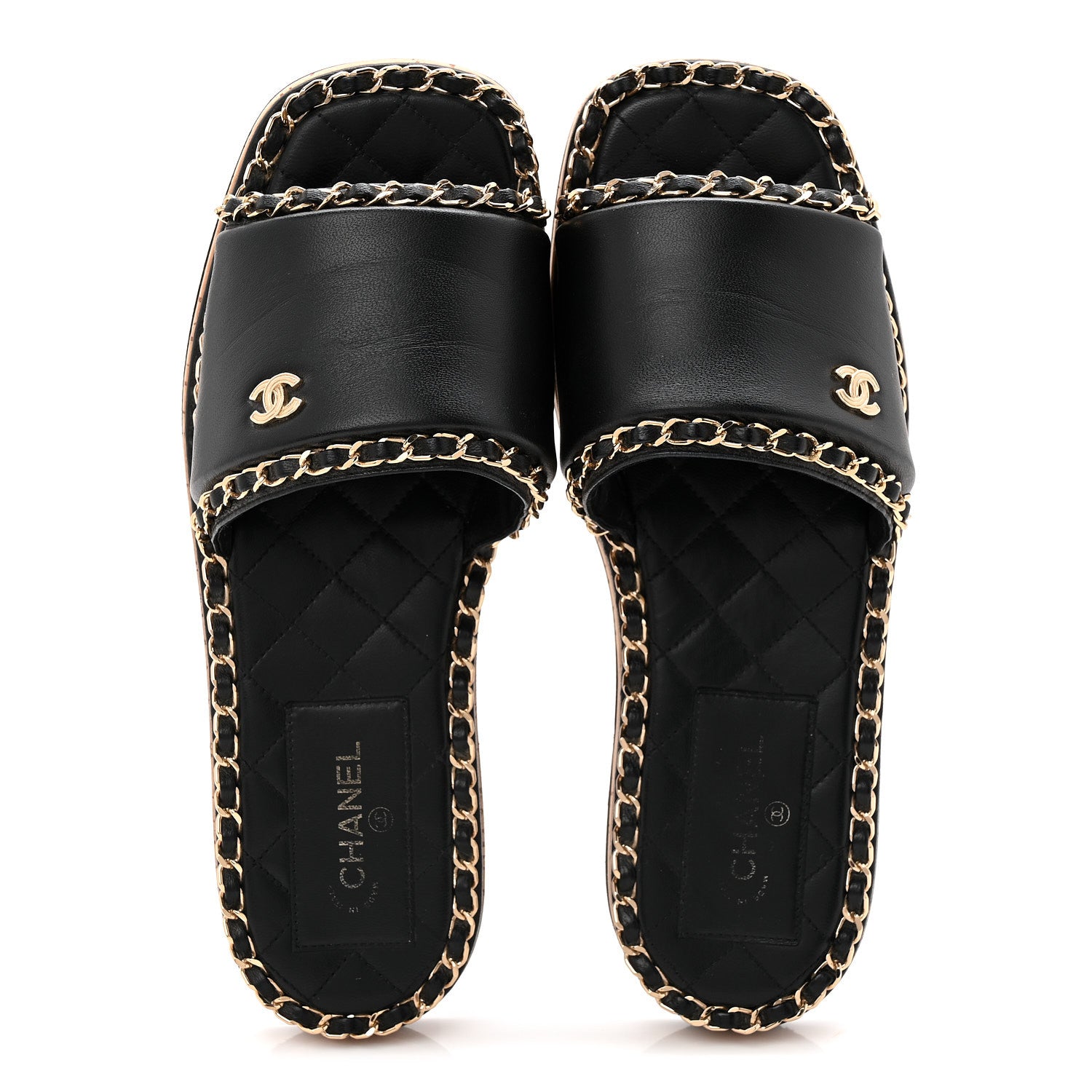 Chanel Lambskin Chain Cork Slide Sandals 38 Black 2 of 9