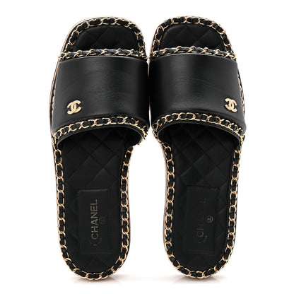 Chanel Lambskin Chain Cork Slide Sandals 38 Black 2 of 9