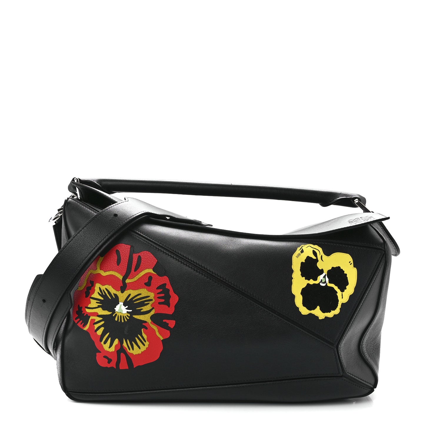 Calfskin Large Pansies Puzzle Bag Black