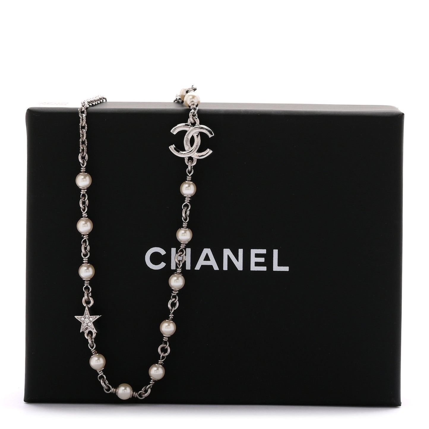 Crystal Pearl CC Star Necklace Silver