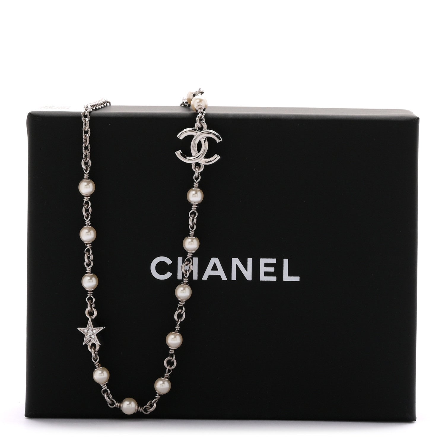 Chanel Crystal Pearl CC Star Necklace Silver 7 of 7