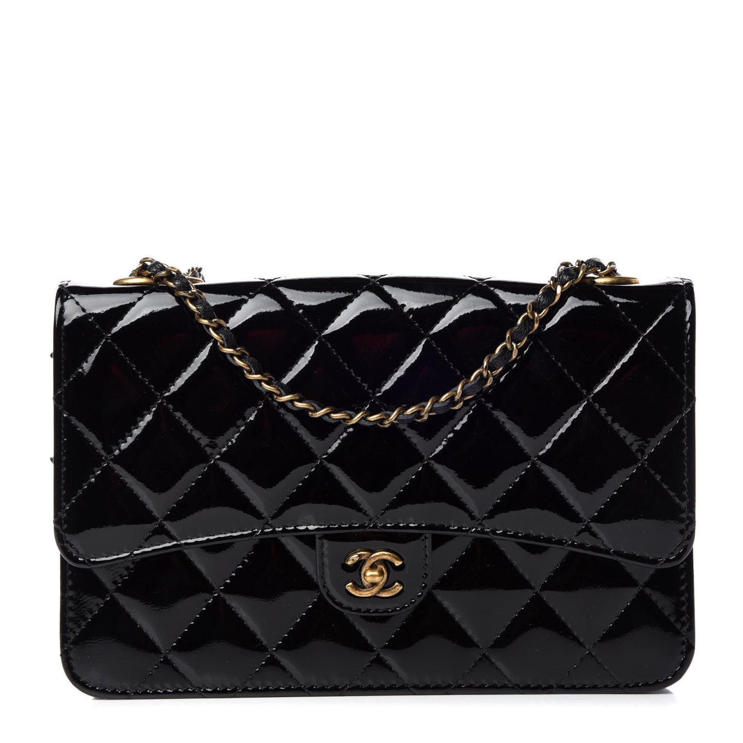 Patent Goatskin Quilted CC Eyelet Wallet On Chain WOC Black
