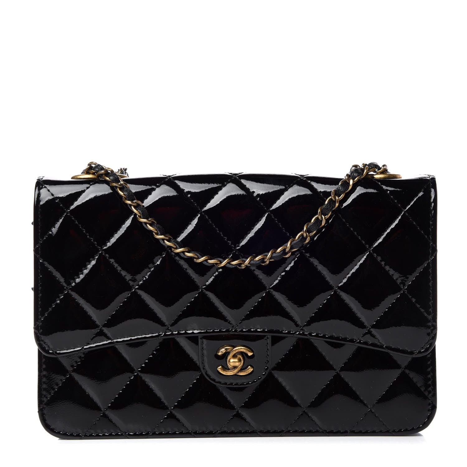 Chanel Patent Goatskin Quilted CC Eyelet Wallet On Chain WOC Black 1 of 10