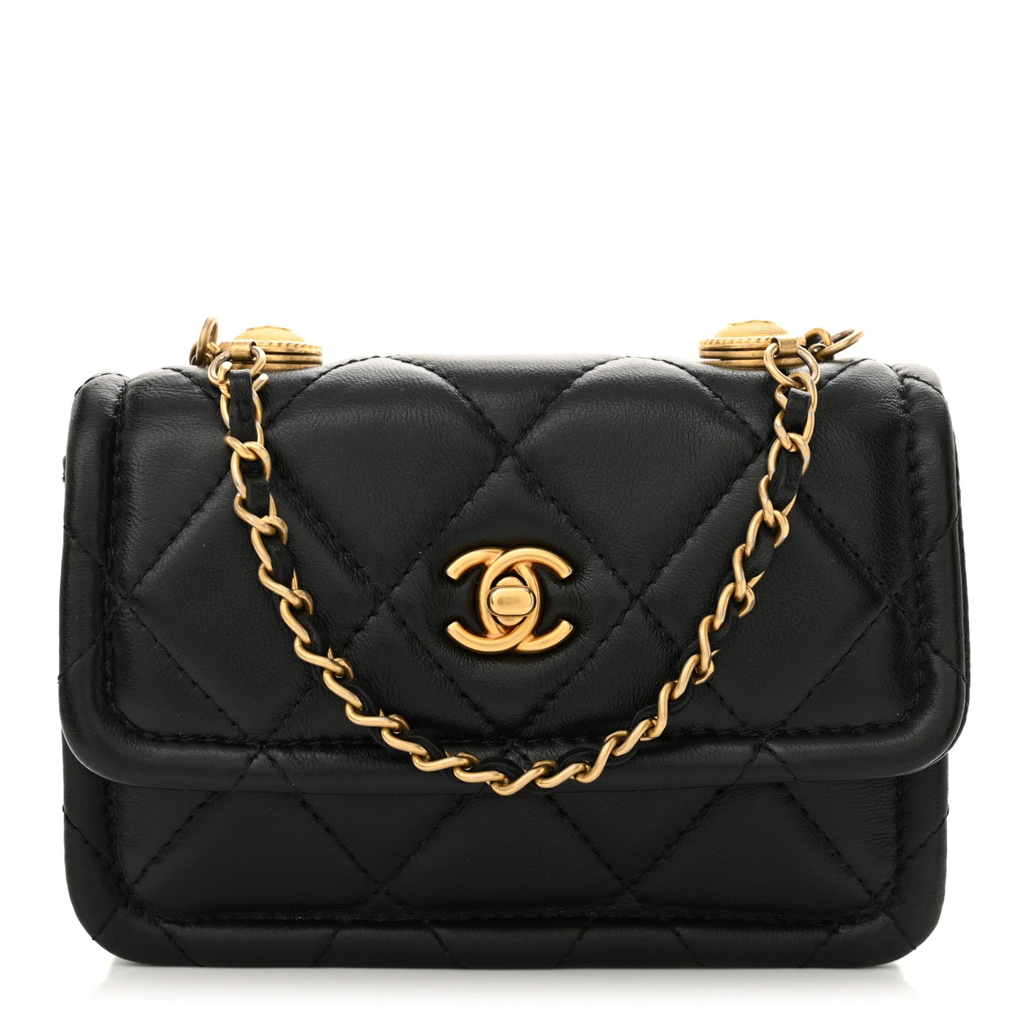Shiny Lambskin Quilted Extra Mini Flap Black