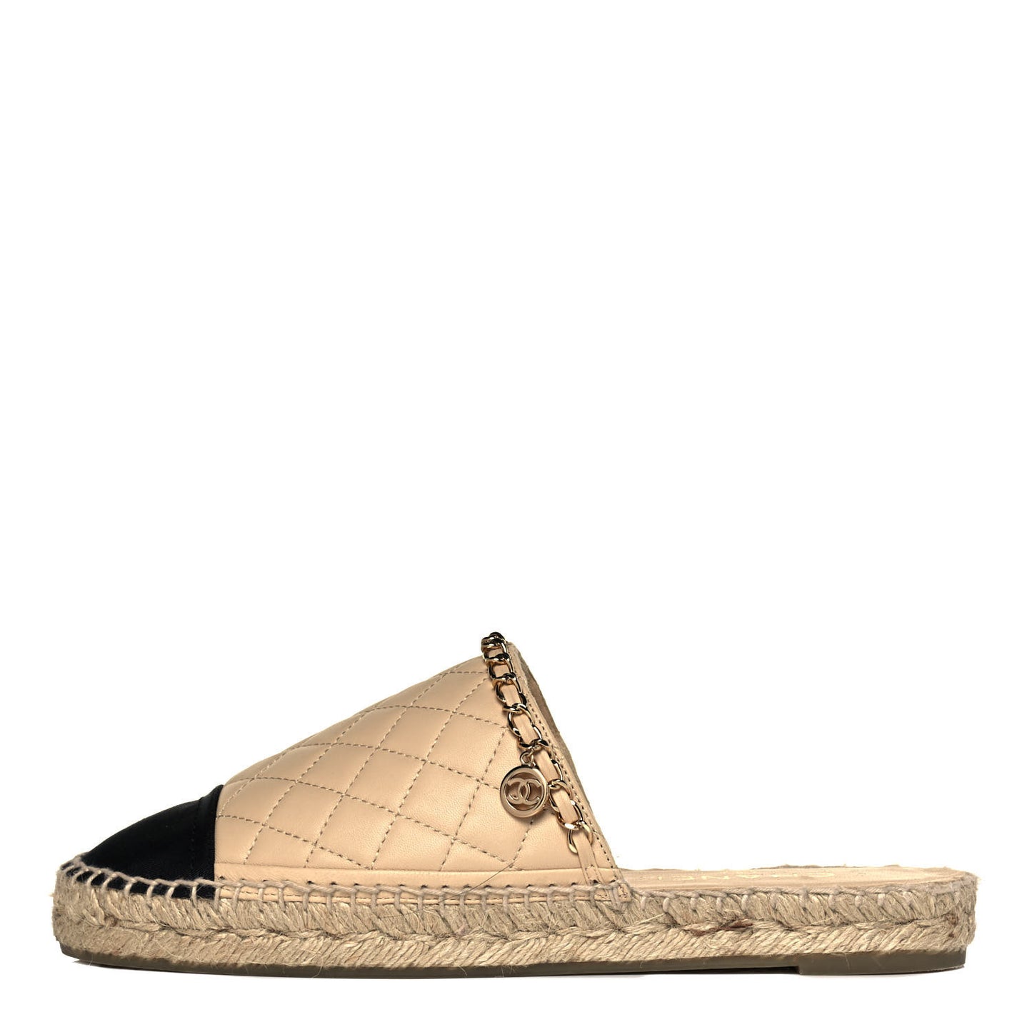 Lambskin Grosgrain Quilted CC Chain Espadrille Mules 39 Beige Black