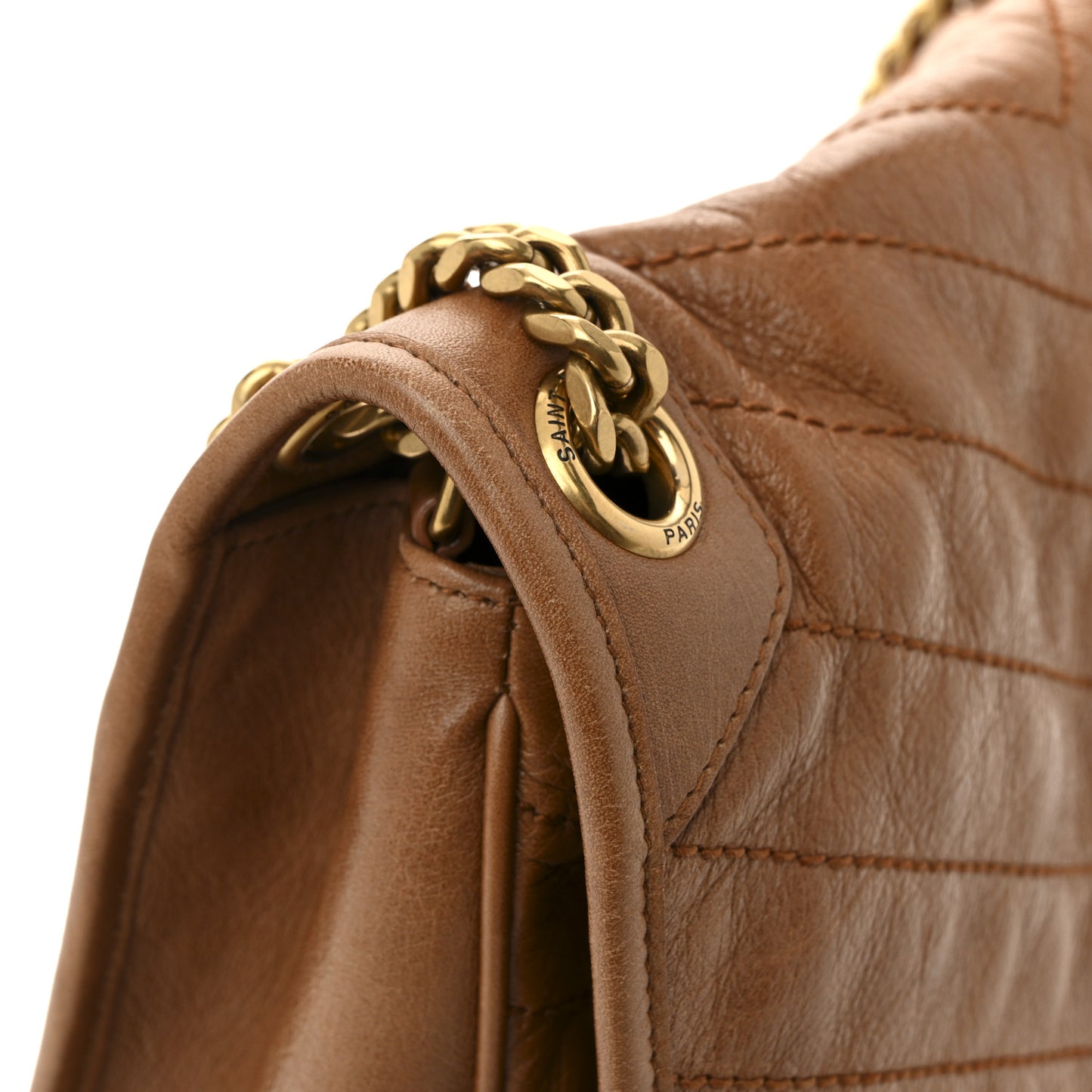 Crinkled Calfskin Matelasse Monogram Medium Niki Chain Satchel Caramel