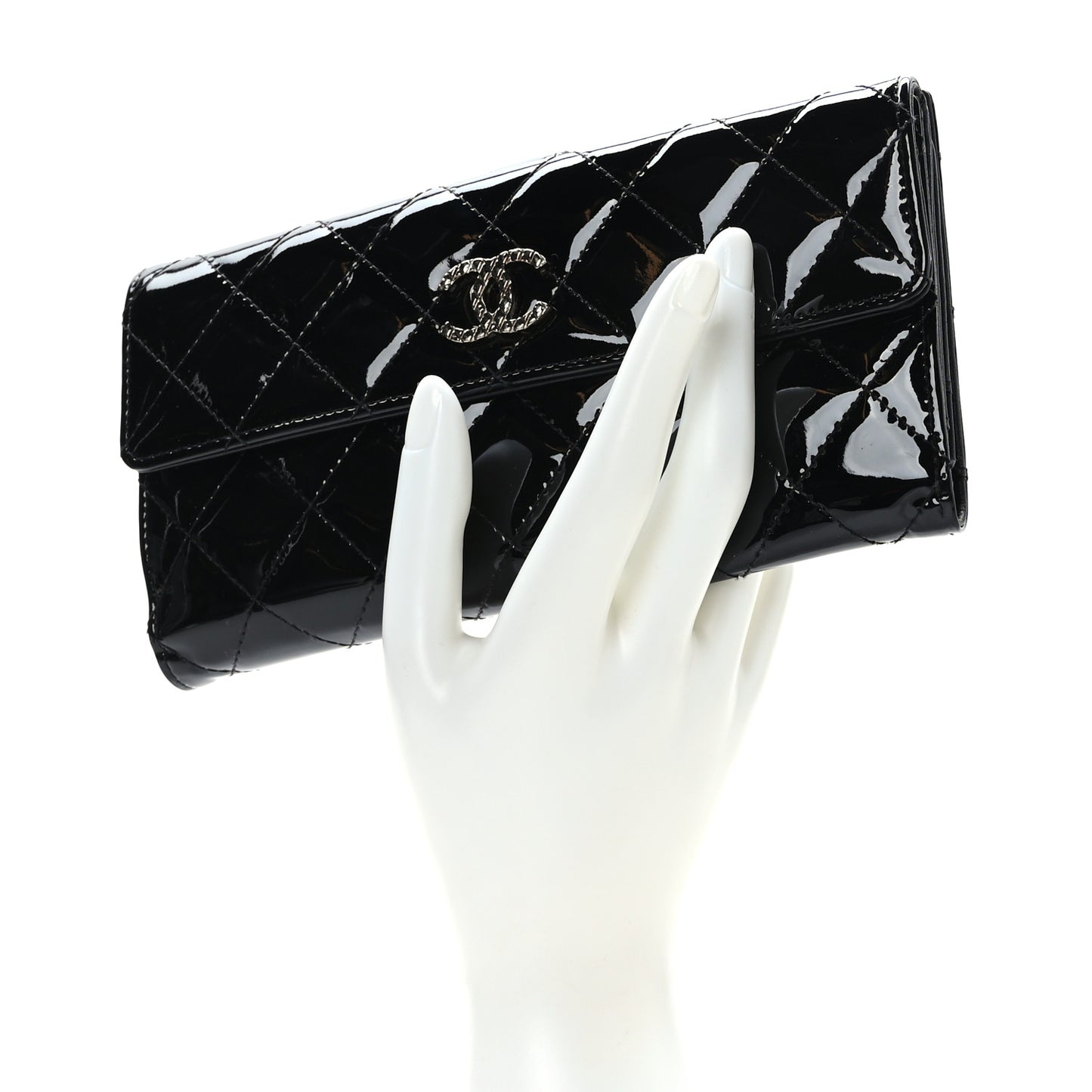 Patent Quilted Large Brilliant Flap Wallet Black