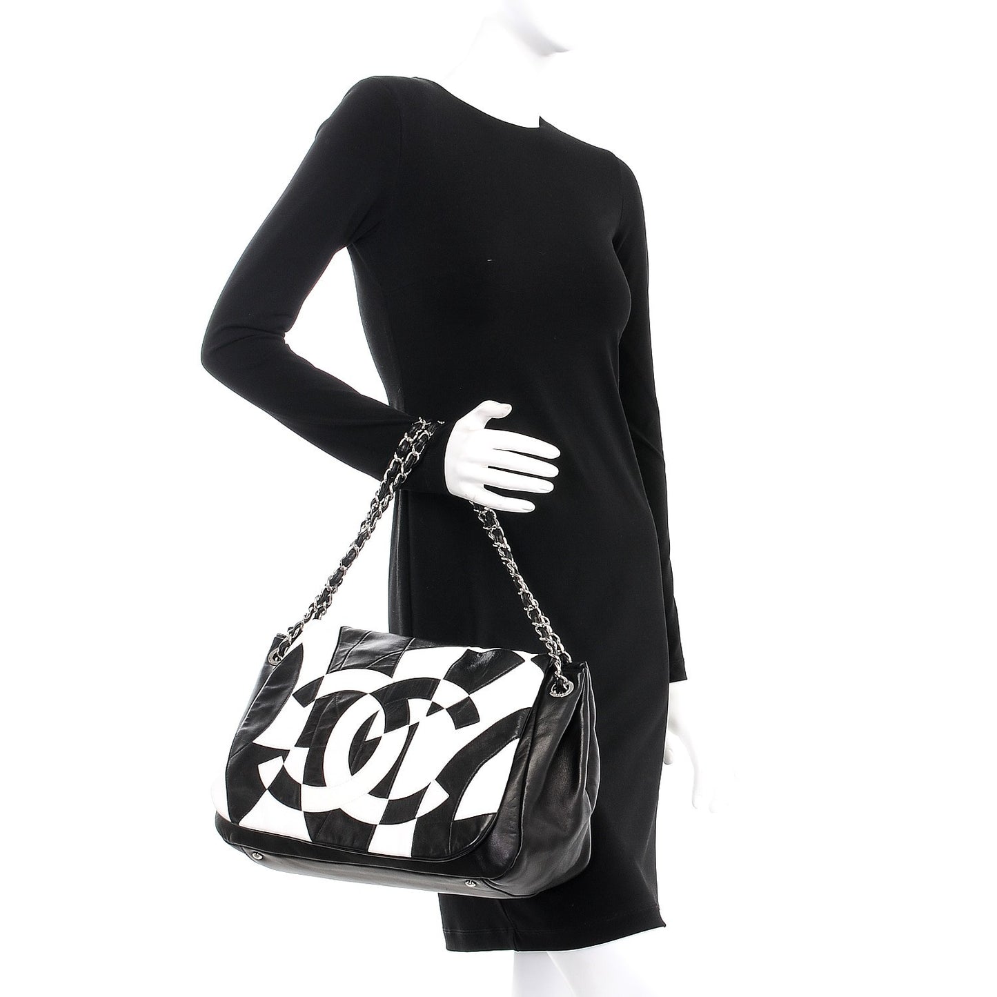 Lambskin Patchwork Accordion Flap Black White