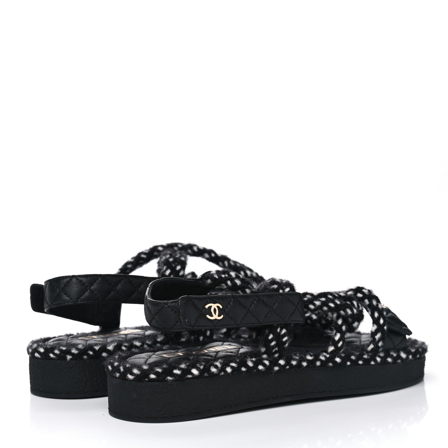 Chanel Cord Lambskin Quilted Logo Sandals 41 Black White 5 of 6