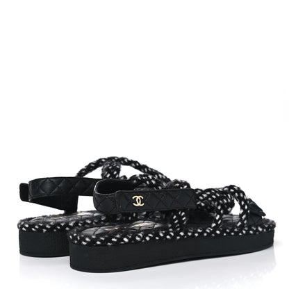 Chanel Cord Lambskin Quilted Logo Sandals 41 Black White 5 of 6