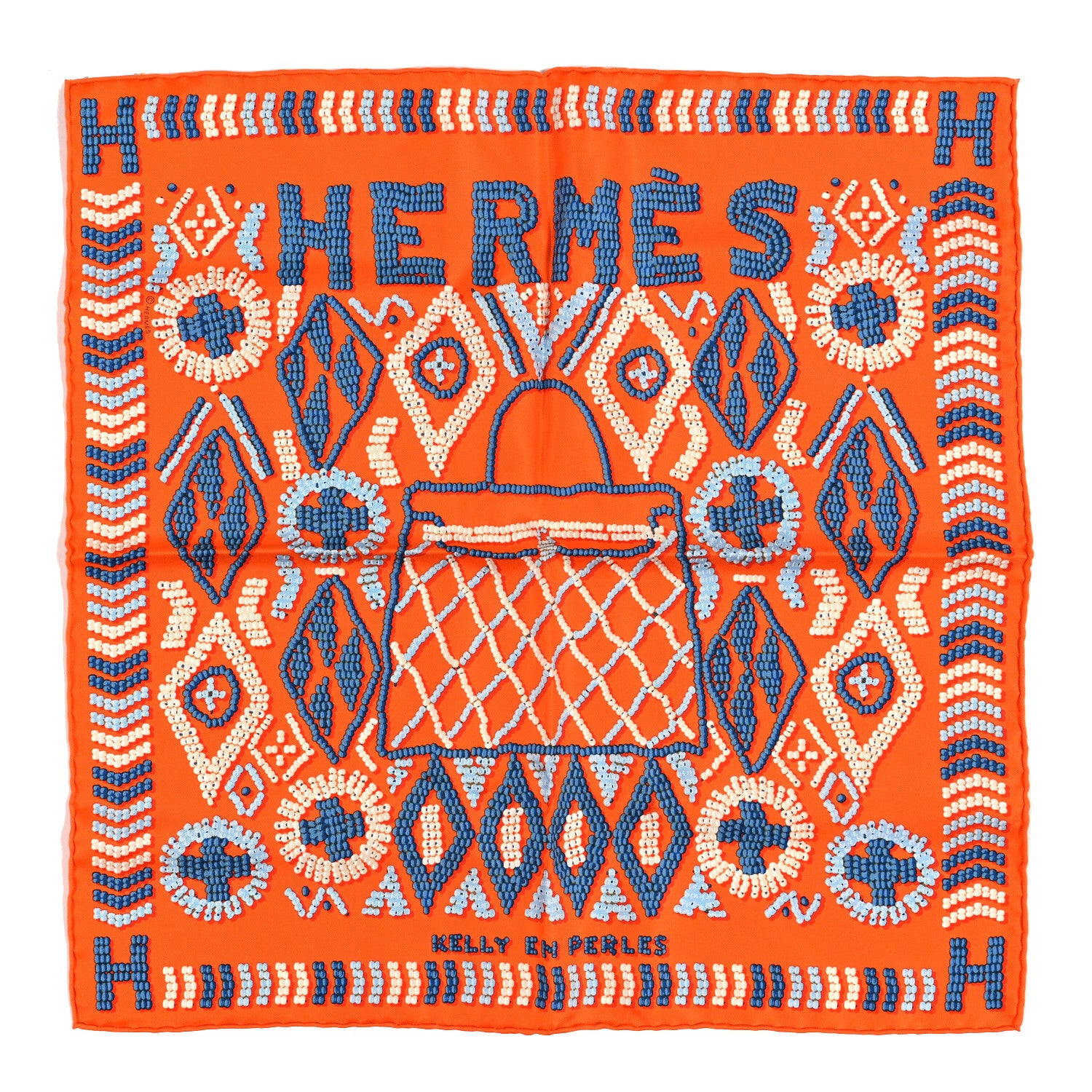 Hermes Silk Gavroche Kelly en Perles Pocket Square Scarf Orange Bleu Jean 1 of 3